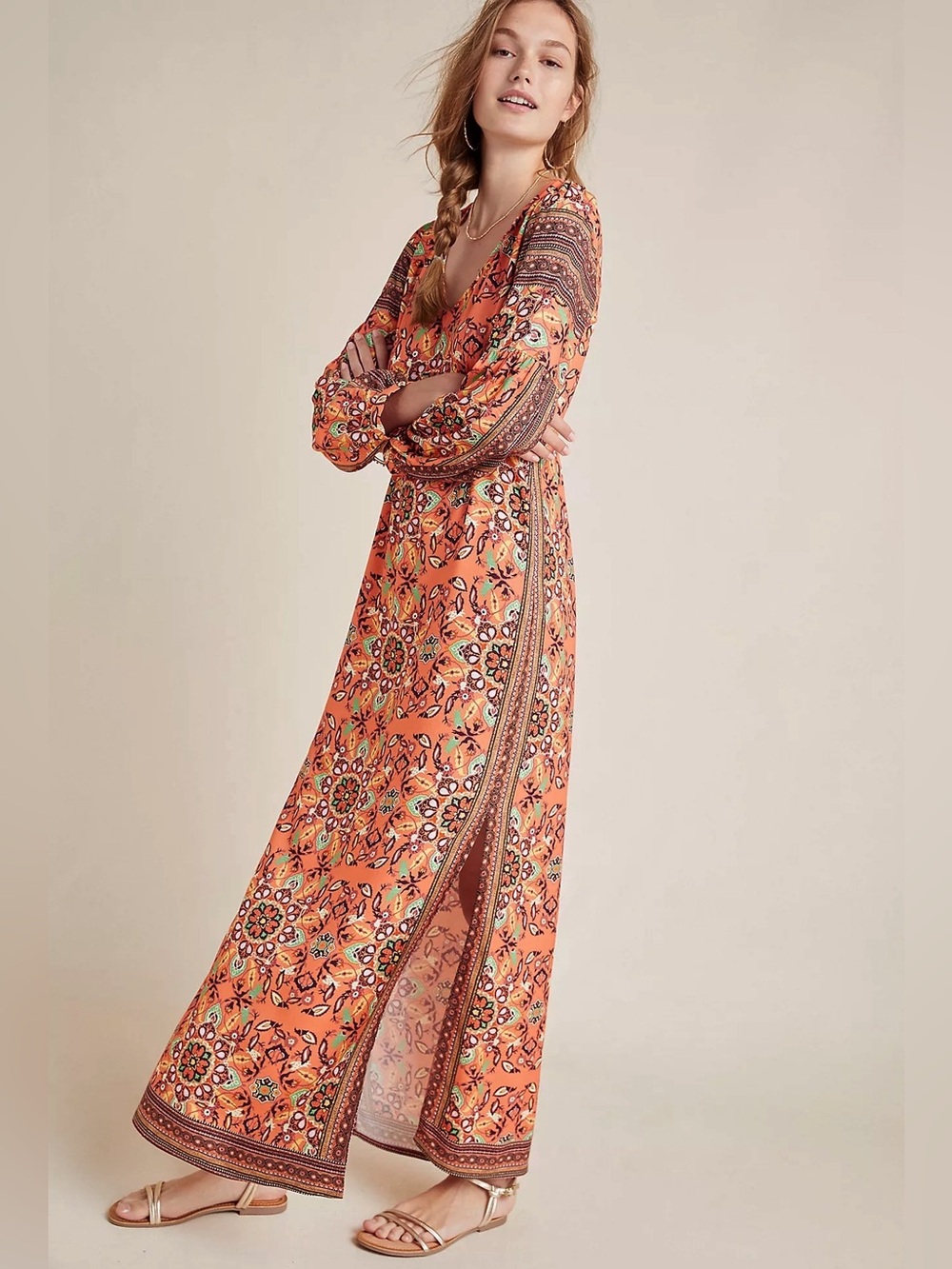 NWT Farm Rio Medallion Maxi Dress XS Orange Boho Puff Sleeve V-Neck - Picture 5 of 5